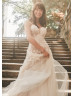 Strapless Beaded Ivory Lace Tulle Wedding Dress With Buttons